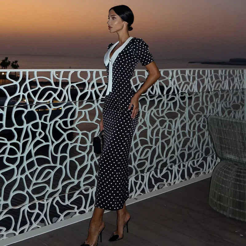 Dot Printed Dresses For Women Fashion Sexy Streetwear Short Sleeves Sheath Turn Down Collar V-Neck Long Vestidos Robes Female