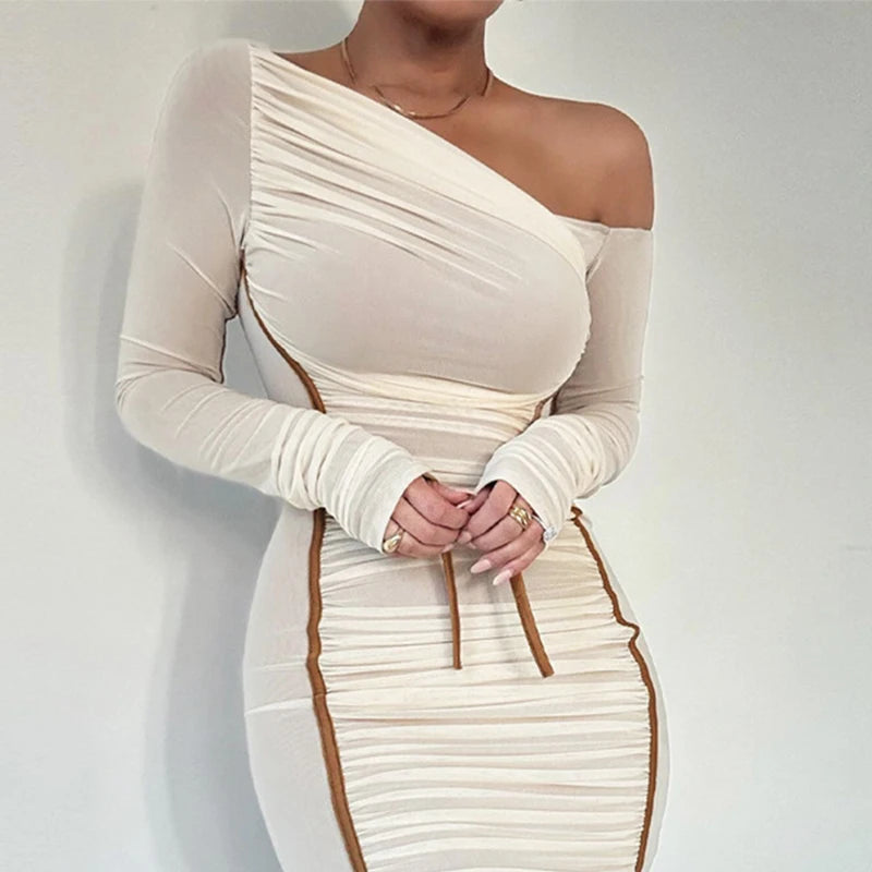 New spring and autumn American street style personalized hot girl slimming sloping neck mesh long sleeve slimming hip-hugging wo