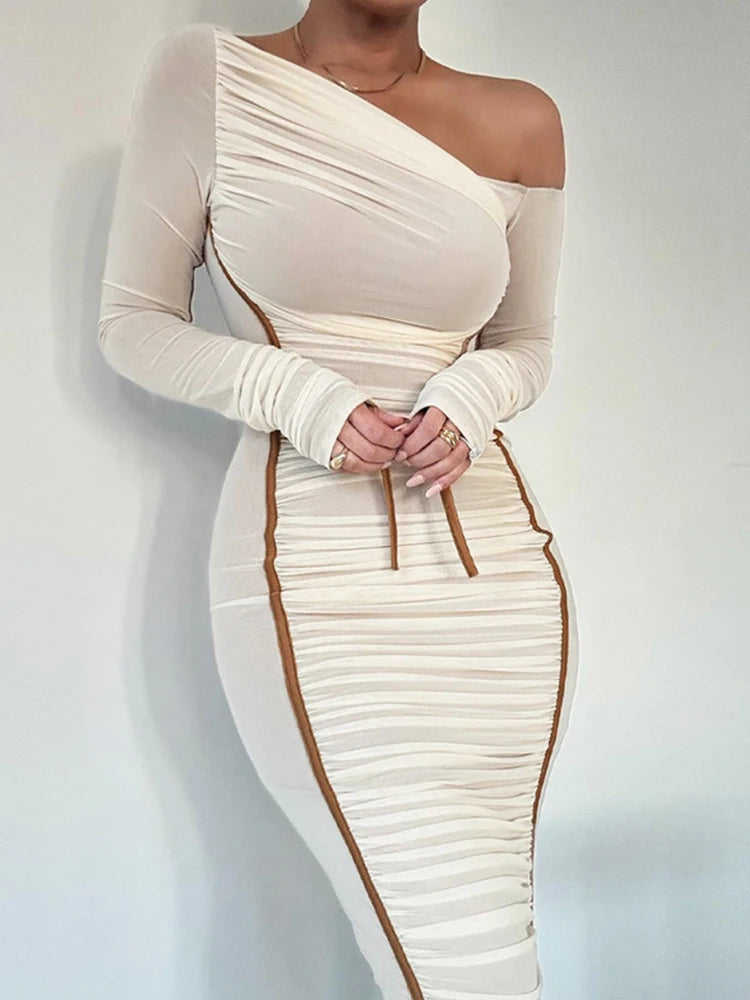 New spring and autumn American street style personalized hot girl slimming sloping neck mesh long sleeve slimming hip-hugging wo