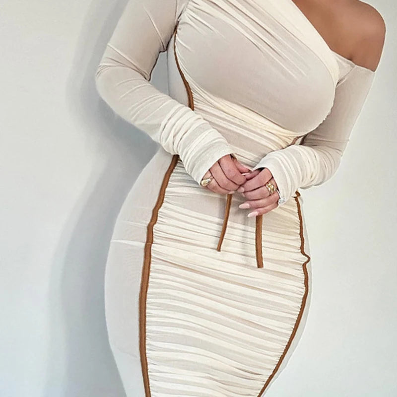 New spring and autumn American street style personalized hot girl slimming sloping neck mesh long sleeve slimming hip-hugging wo