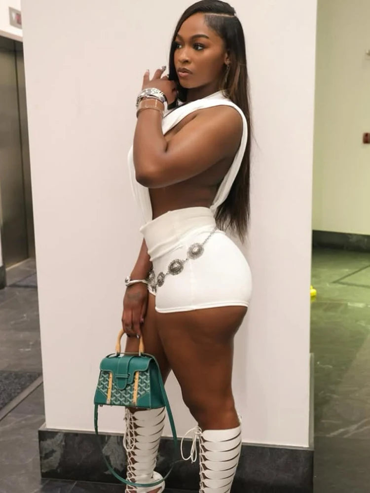 Weird Puss Sexy Women Romper Sleeveless Hollow Patchwork Summer o-Neck Hipster Solid Skinny Stretch Clubwear Ruched Playsuit