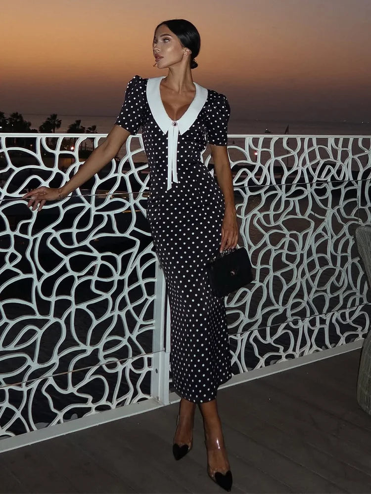 Dot Printed Dresses For Women Fashion Sexy Streetwear Short Sleeves Sheath Turn Down Collar V-Neck Long Vestidos Robes Female