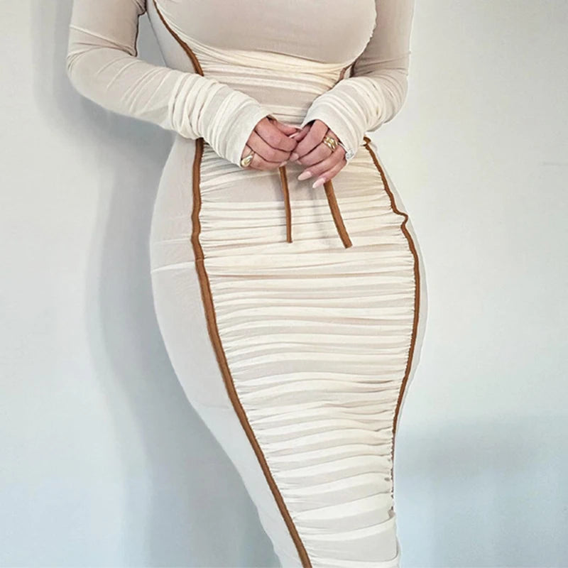 New spring and autumn American street style personalized hot girl slimming sloping neck mesh long sleeve slimming hip-hugging wo